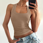 Women’s summer cropped vest by Bella Mia, slim fit U collar solid color I shape design, worn as stylish summer clothing.