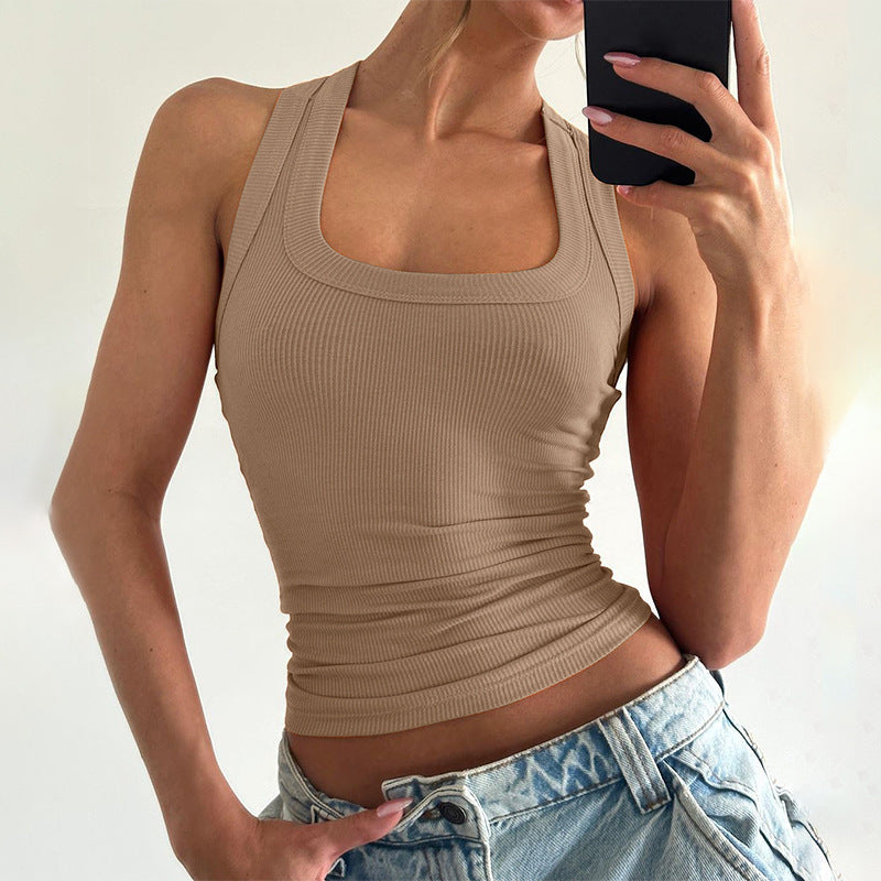 Women’s summer cropped vest by Bella Mia, slim fit U collar solid color I shape design, worn as stylish summer clothing.