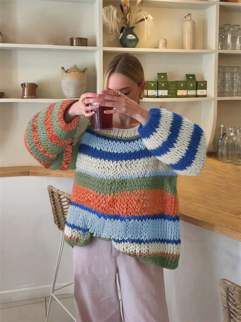 Women Clothing Sweater Rainbow Striped Knitted Pullover Retro Loose Street Bella Mia