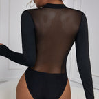 Bella Mia backless mesh jumpsuit with round neck, cutout details, slim fit, patchwork design, and inner push-up support.