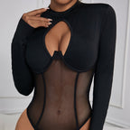Bella Mia backless mesh jumpsuit with round neck, cutout details, slim fit, patchwork design, and inner push-up support.