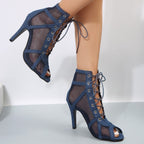 Plus size Bella Mia mesh peep toe high heel sandal boots with lace-up stiletto heels and breathable design for women.