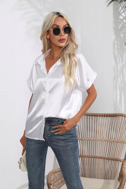 Satin Shirt Short Sleeve Satin Button Shirt Casual Loose Top Women Bella Mia