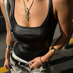 Women’s summer solid color coated shoulder strap vest with U collar and cropped style, by Bella Mia.