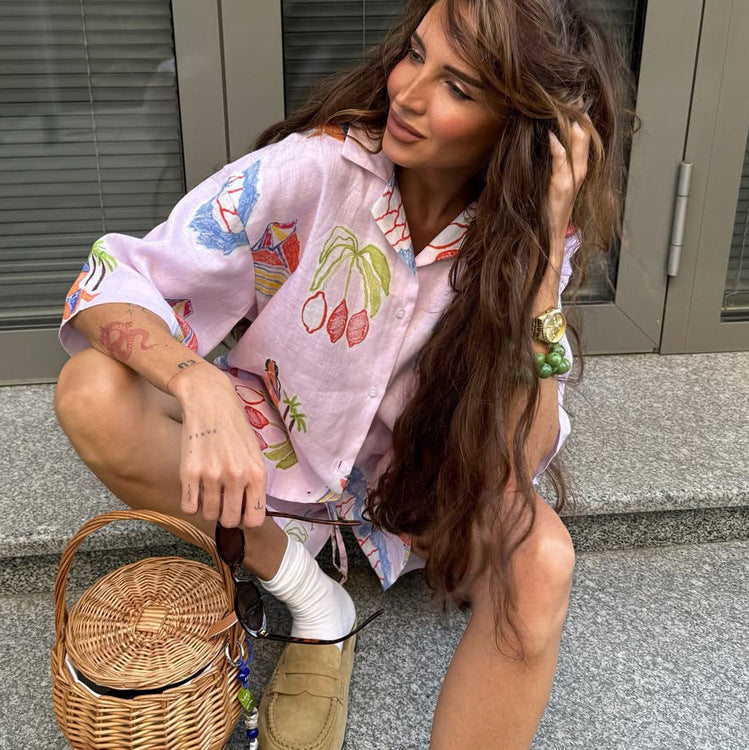 Summer women’s digital printed casual shirt and shorts two-piece set with collared short sleeves and cardigan top by Plush Fashion Hub