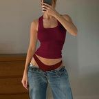Women’s slim fit summer cropped vest by Bella Mia featuring a sexy U collar, solid color, and I-shape design for a stylish look.