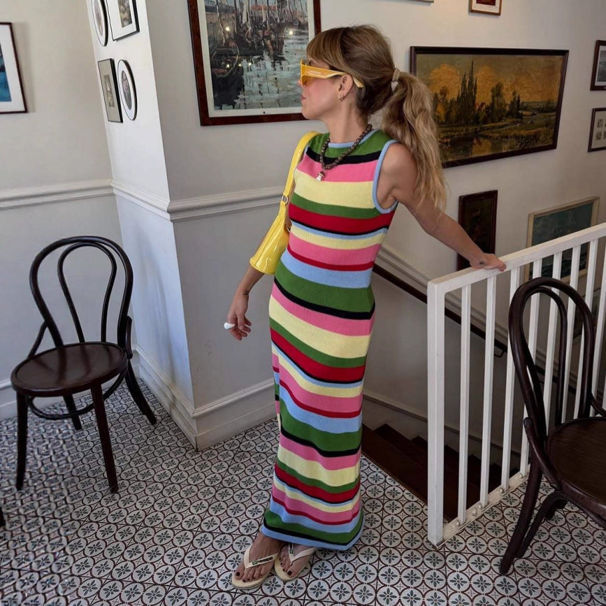 Slimming sleeveless rainbow striped knitted maxi dress for women with casual waist fit, by Wanita Store.