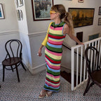 Slimming sleeveless rainbow striped knitted maxi dress for women with casual waist fit, by Wanita Store.