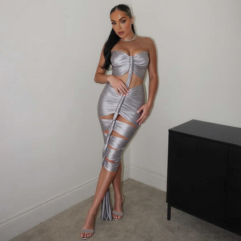 Autumn Winter Women Sexy Cutout Slim Fit Backless Pleated Bright Tube Top Dress Bella Mia