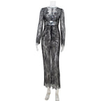 Women’s lace see-through V-neck slim fit hip dress, stylish and sexy mature adult lady fashion, worn by a woman.