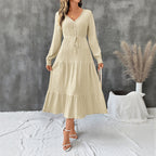 Elegant Bella Mia long sleeve pleated V-neck dress in solid autumn color, featuring a stylish and sophisticated design.