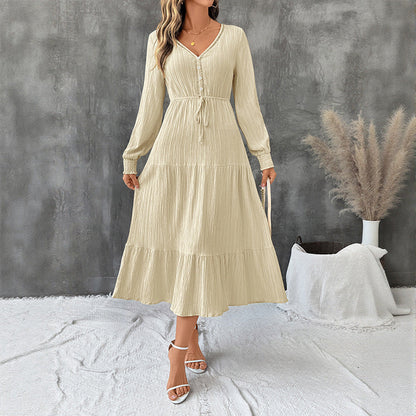 Autumn Elegant Long Sleeve Pleated V neck Solid Color Dress Bella Mia