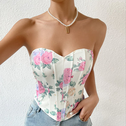 Sexy Low Cut Backless Floral Wrapped Chest Rhombus Boning Corset Boning Corset Waist Vest Bella Mia