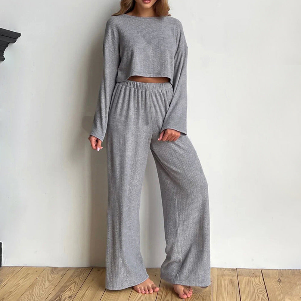 Gray winter wheat jacquard long sleeve pajama set for women by Plush Fashion Hub, featuring a cozy, patterned design.