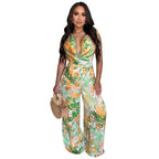 Women’s sleeveless lace-up wide-leg printed jumpsuit by Bella Mia, featuring a stylish design with a comfortable fit.