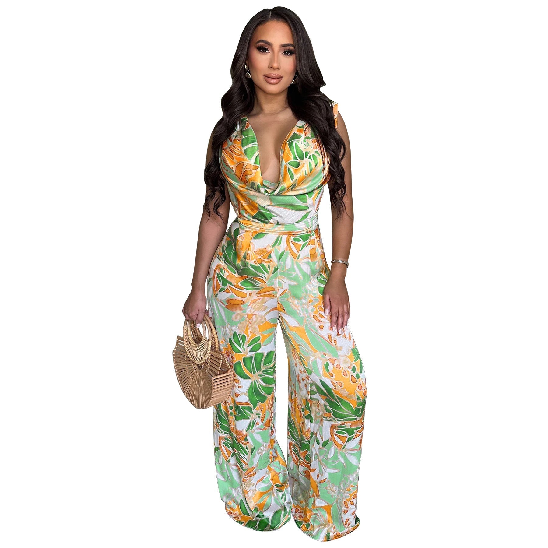 Women’s sleeveless lace-up wide-leg printed jumpsuit by Bella Mia, featuring a stylish design with a comfortable fit.