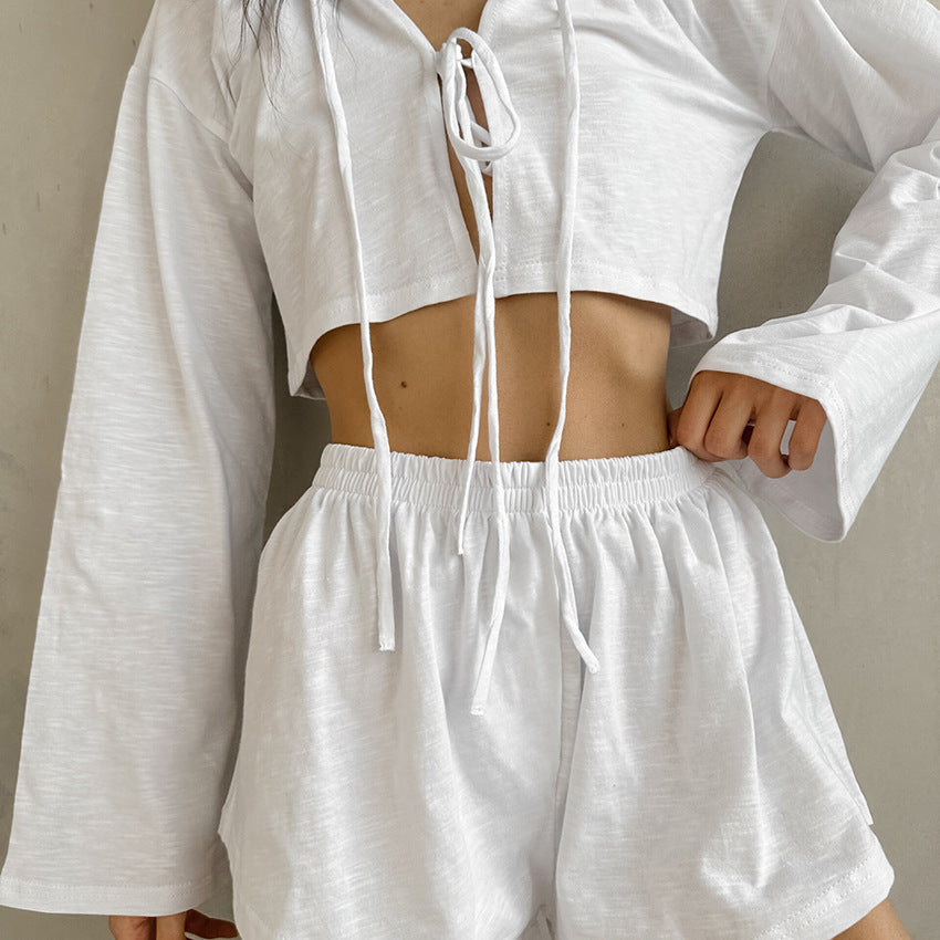 Spring white pure cotton cardigan and lace-up long sleeve pajamas set by Bella Mia, casual homewear with shorts for ladies.