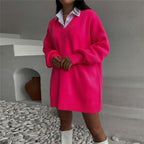 Bella Mia long sleeve V-neck knitted sweater dress for women, casual loose fit in autumn winter style, shown in the image.