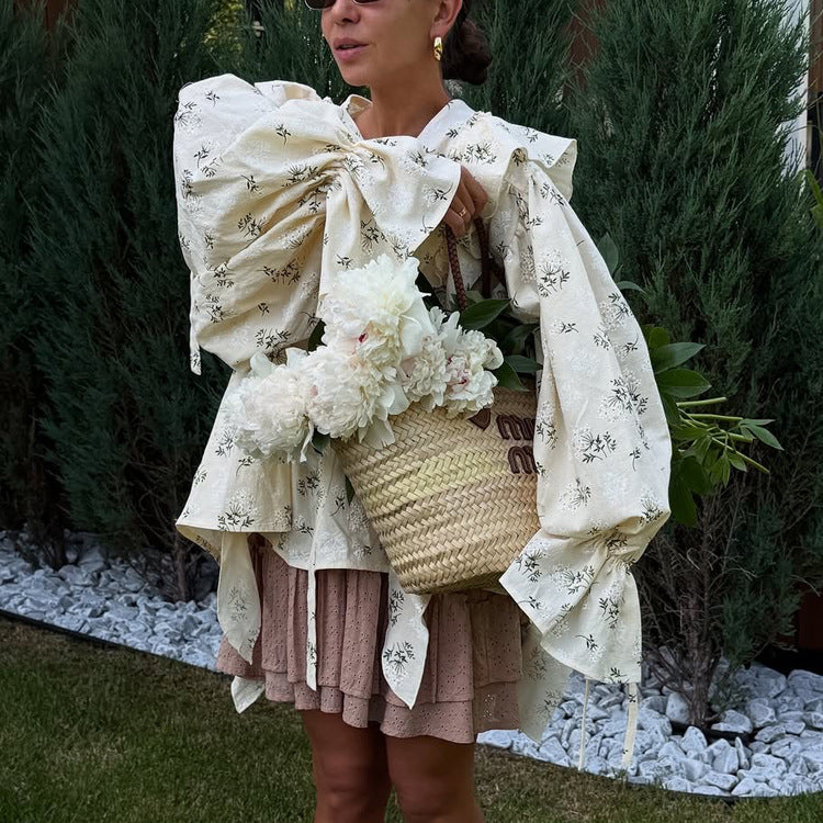 French Design Ruffled Tied Printed Shirt Women Arrival round Neck Flared Sleeves All Match Office Top Bella Mia