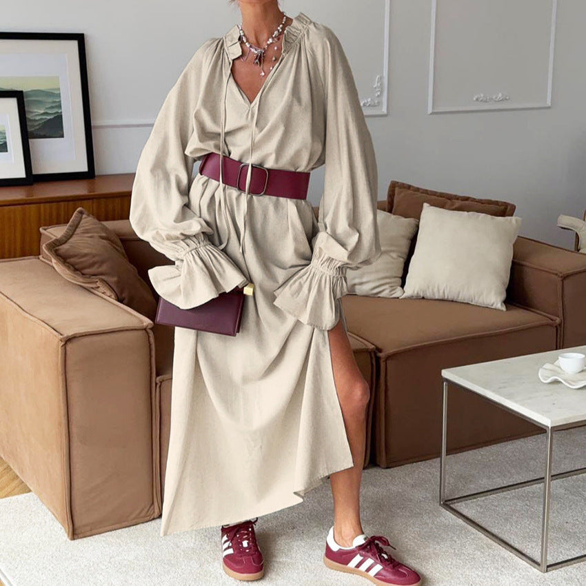 Gentle French Design Split Lace up Maxi Dress Women Office Long Linen Dress Bella Mia