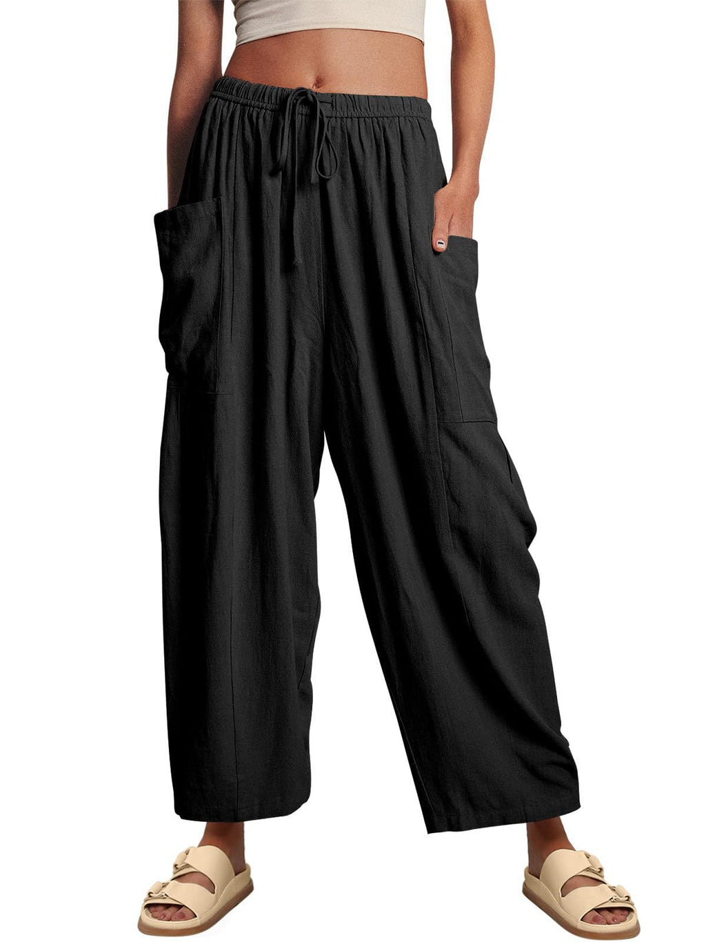 Women’s high waist wide leg pants with elastic waist, pleated design, casual cotton linen fabric, from Wanita Store.