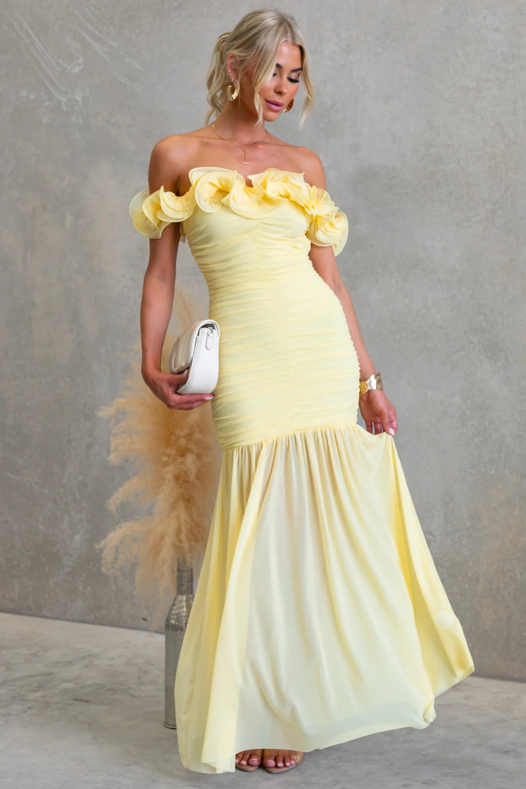 Solid color mesh off-shoulder dress by Plush Fashion Shop, slim fit, perfect for spring and summer vacations.