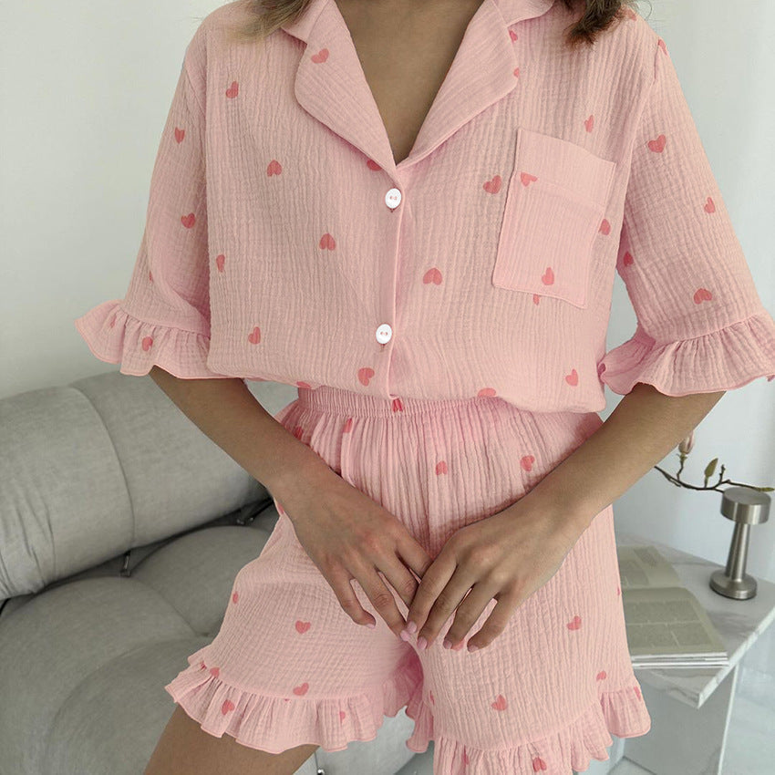 Bella Mia summer women’s pajamas set with crepe cotton fabric, heart print, short sleeves, and matching shorts for comfortable home wear