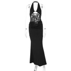 Bella Mia summer lace cutout maxi dress featuring halter neck, backless design, slim fit, and sexy sheath style in vibrant fabric