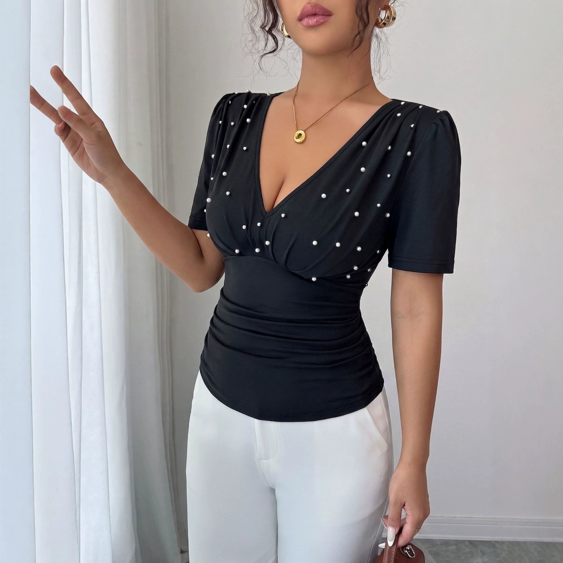 Summer V-neck handmade pearl short sleeve slim T-shirt for women, solid color, from Plush Fashion Hub