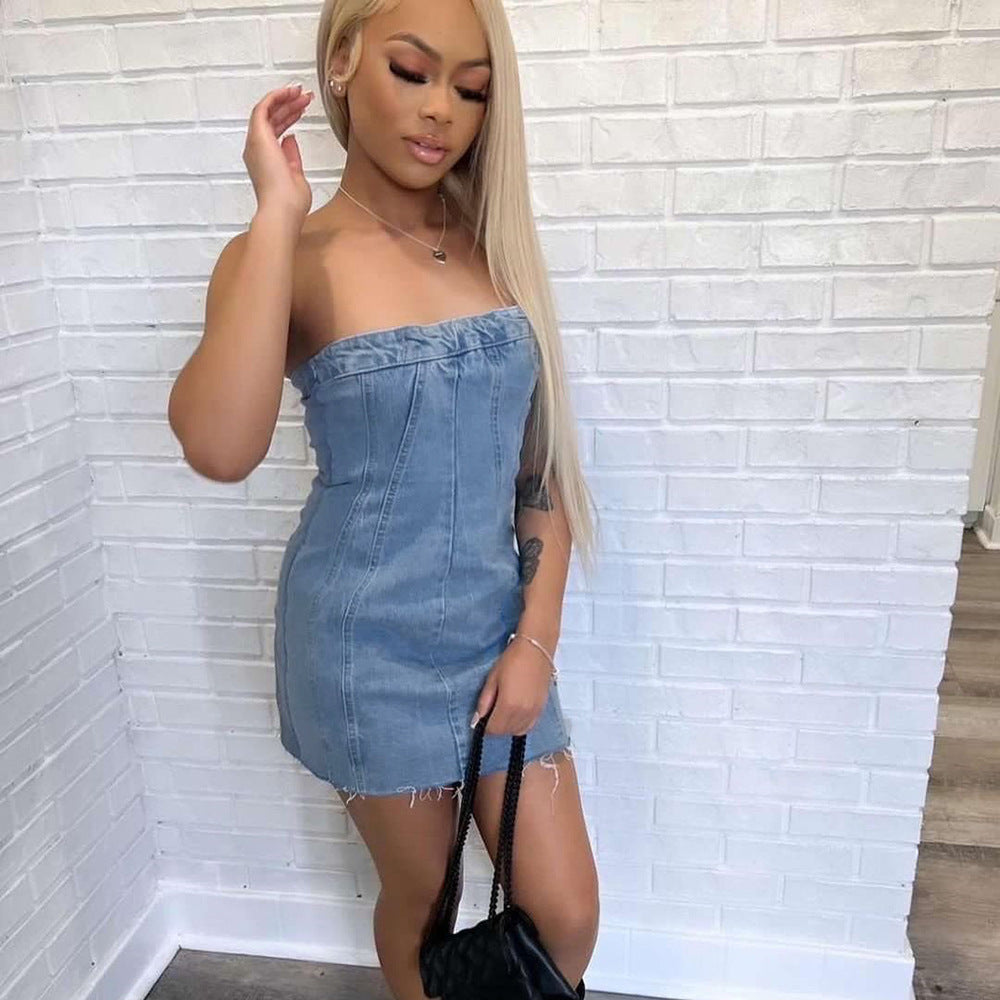Bella Mia women's denim backless dress with wash finish, chest wrap design, perfect for spring and summer fashion.