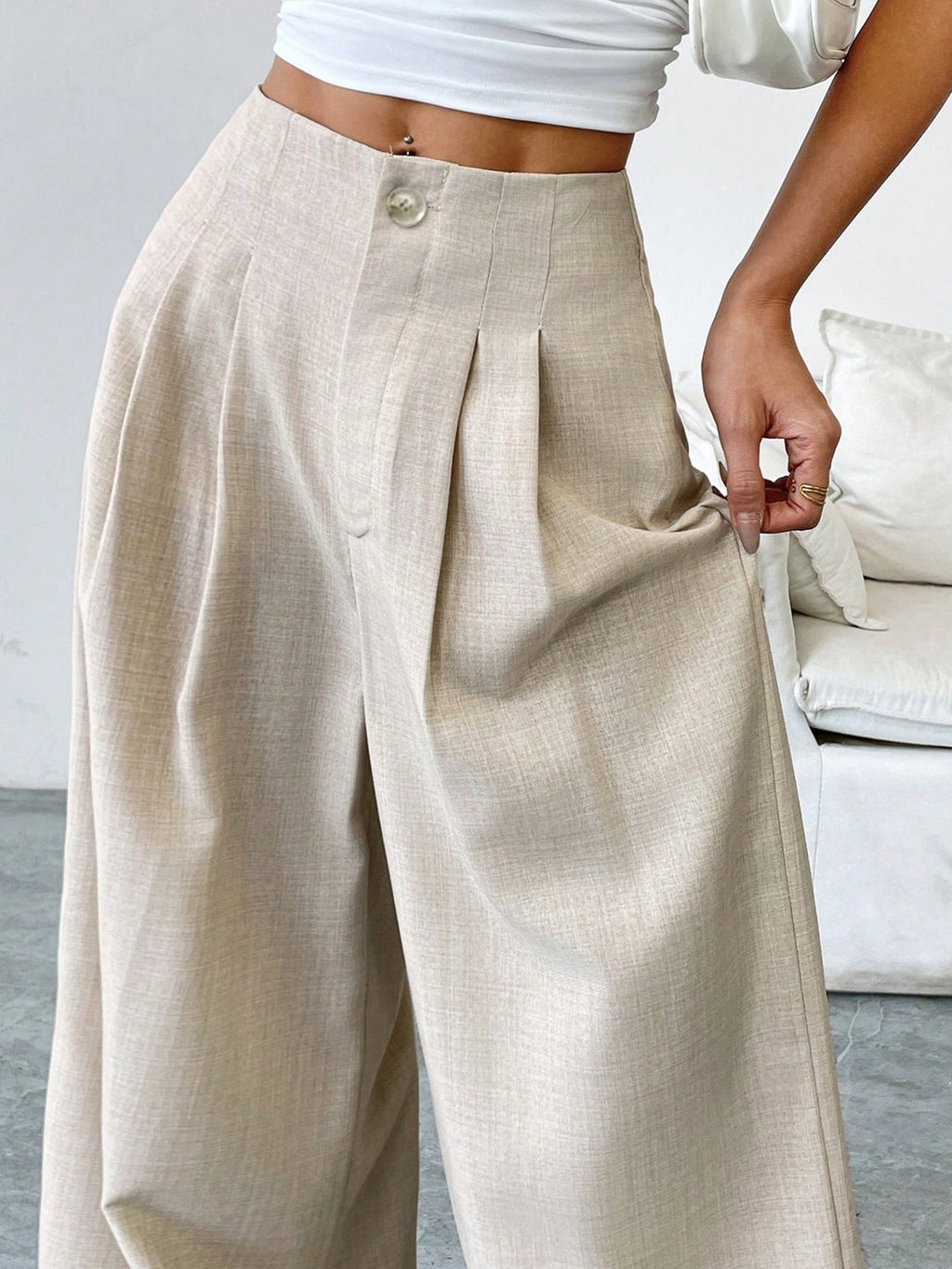 Elegant apricot Bella Mia women's straight autumn winter casual pants with loose fit and light luxurious design.
