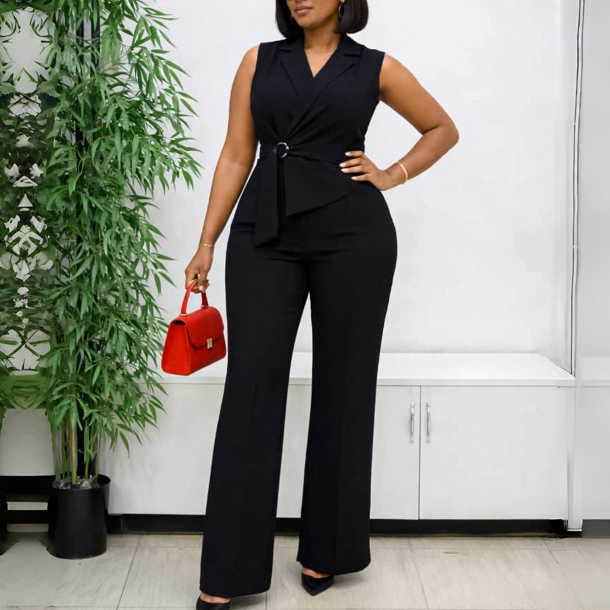 Light blue summer sleeveless jumpsuit with wide leg pants, collar, and lace-up front from Plush Fashion Hub.