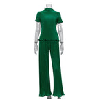 Blue pleated high waist wide-leg pants with a casual fit, styled with a spring slimming T-shirt for women.