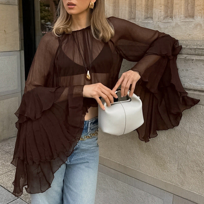 Women’s chiffon shirt from Plush Fashion Hub with round neck, ruffle sleeves, and a loose, gentle fit for spring arrivals.