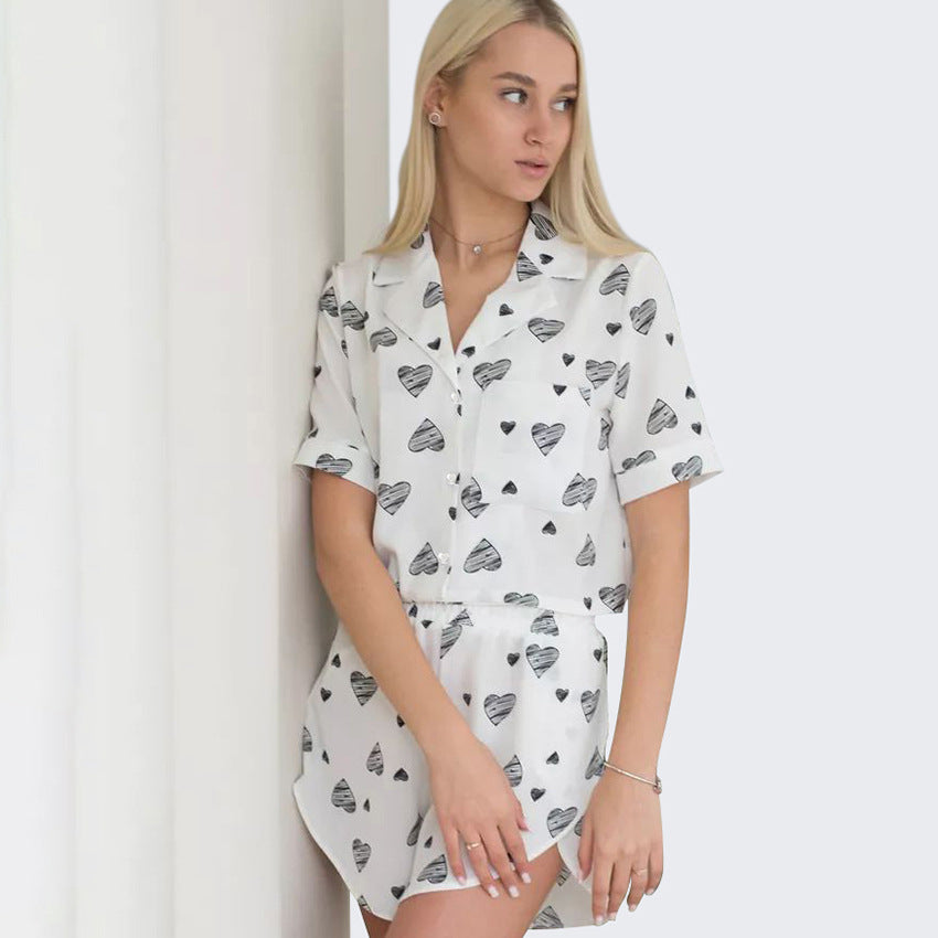 Bella Mia women's spring summer heart print short sleeve cardigan and split shorts pajamas, lightweight and comfortable casual home wear