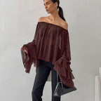 Bella Mia brown chiffon boat neck off-shoulder ruffled top, fall winter retro elegant casual blouse with loose fit and sexy style.
