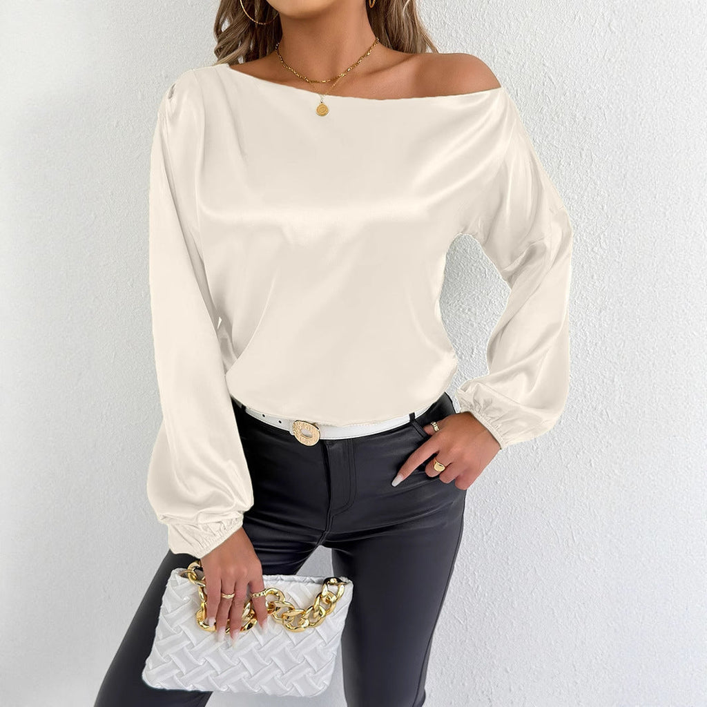 White satin long sleeve shirt for women, summer fashion by Bella Mia, stylish and lightweight satin blouse.
