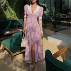 Elegant floral summer dress for women with polo collar, short sleeves, high waist, and A-line print by Plush Fashion Hub