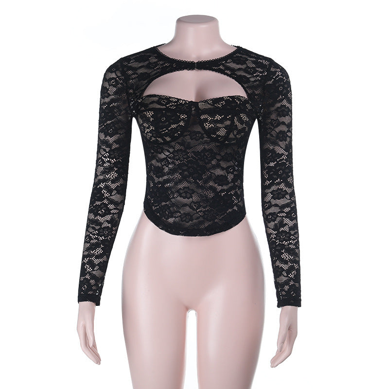 Lace cutout sexy push-up long sleeve top for women, in autumn style, with fitted design and stylish details by Plush Fashion Hub