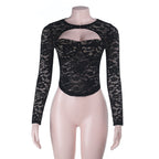 Lace cutout sexy push-up long sleeve top for women, in autumn style, with fitted design and stylish details by Plush Fashion Hub