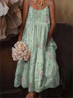 European and American style floral art print sling holiday dress by Plush Fashion Hub, casualwear with vibrant floral pattern.