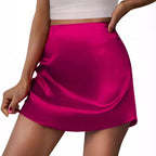 Bella Mia satin mini A-line pleated high-waist skirt for women, shown in a stylish, smooth satin fabric with a flattering fit.