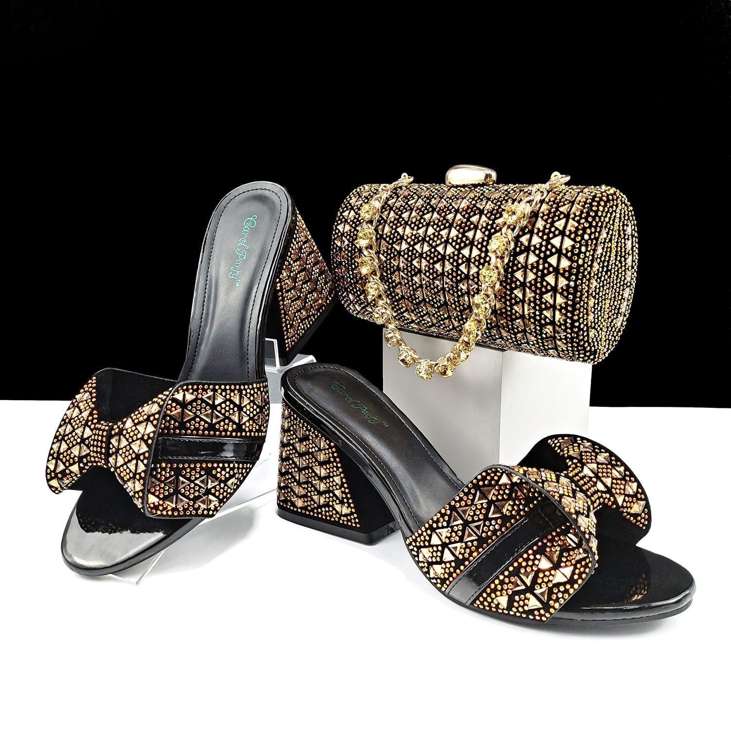 Women’s summer high heel slippers and cylindrical rhinestone embellished bag set, featuring color matching design and casual style.