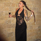 Bella Mia summer backless lace cutout maxi dress featuring a halter neck and slim fit sheath silhouette, perfect for warm weather.