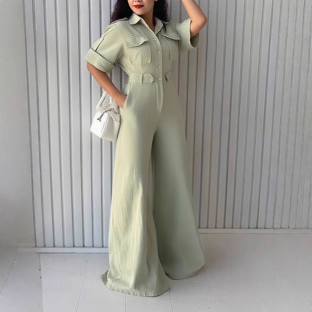Women’s loose waist jumpsuit with wide-leg pants, collared overalls, slim fit, from Wanita Store, displayed on a model.