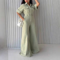 Women’s loose waist jumpsuit with wide-leg pants, collared overalls, slim fit, from Wanita Store, displayed on a model.