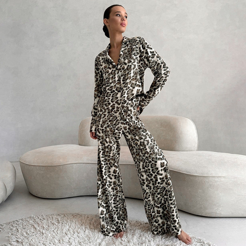 Bella Mia women's satin leopard print pajamas with long sleeves and trousers, soft and comfortable homewear for autumn.