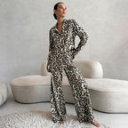 Bella Mia women's satin leopard print pajamas with long sleeves and trousers, soft and comfortable homewear for autumn.