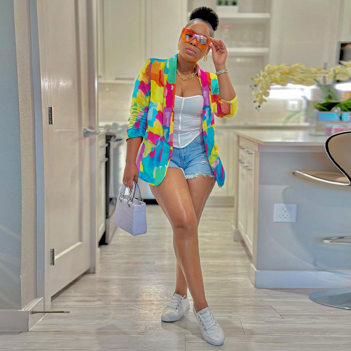 Casual color printing blazer top from Plush Fashion Hub, featuring a stylish design and vibrant print, displayed on a hanger.