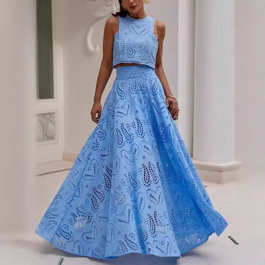 Casual women's sleeveless long skirt and top set with pockets, perfect for spring and summer vacation, by Plush Fashion Hub.